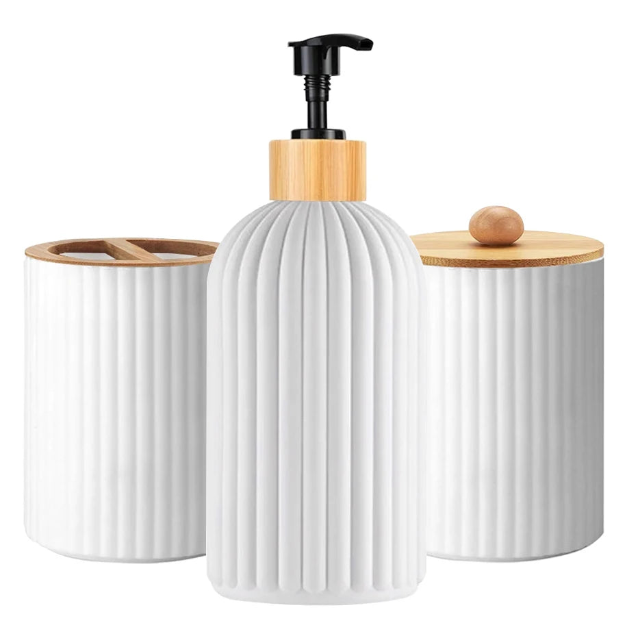Bathroom Countertop Organizer – Hand Soap Dispenser, Cotton Ball Storage Box, and Toothbrush Holder with Bamboo Accents