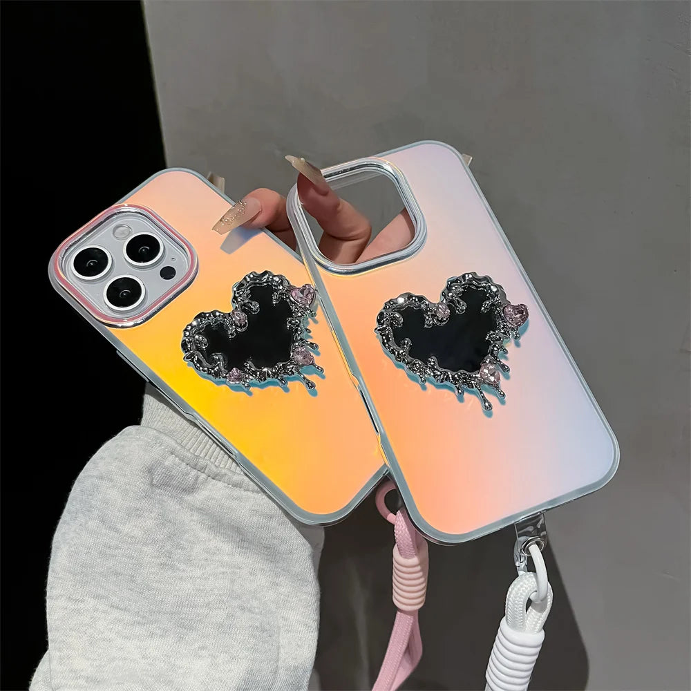 Aurora Love Heart Mirror Case with Wrist Strap for iPhone 16/15/14/13 Pro Max – Laser Gradient Lanyard Makeup Cover