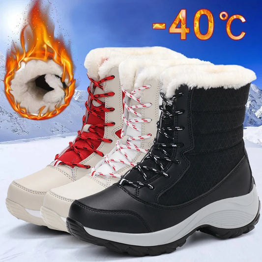 Women's Mid-Calf Winter Boots – Warm Plush Lined Platform Boots with Wedge Heel and Lace-Up Design