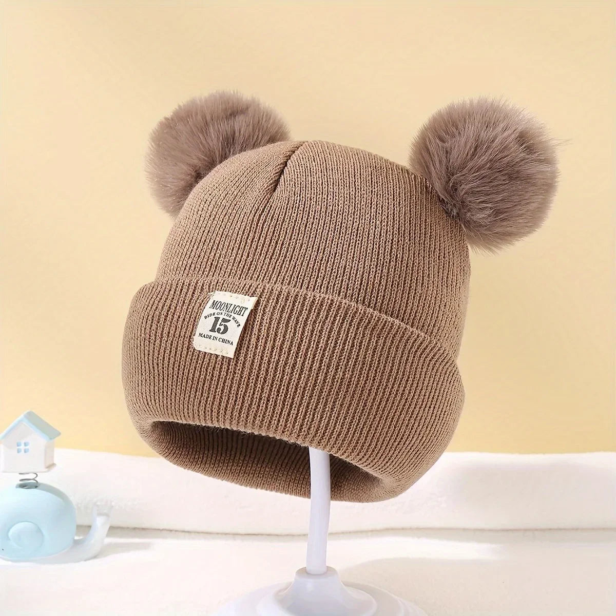 Solid Color Wool Knitted Baby Bonnet with Pompom – Warm Winter Beanie Cap for Newborns and Toddlers (0–3Y)