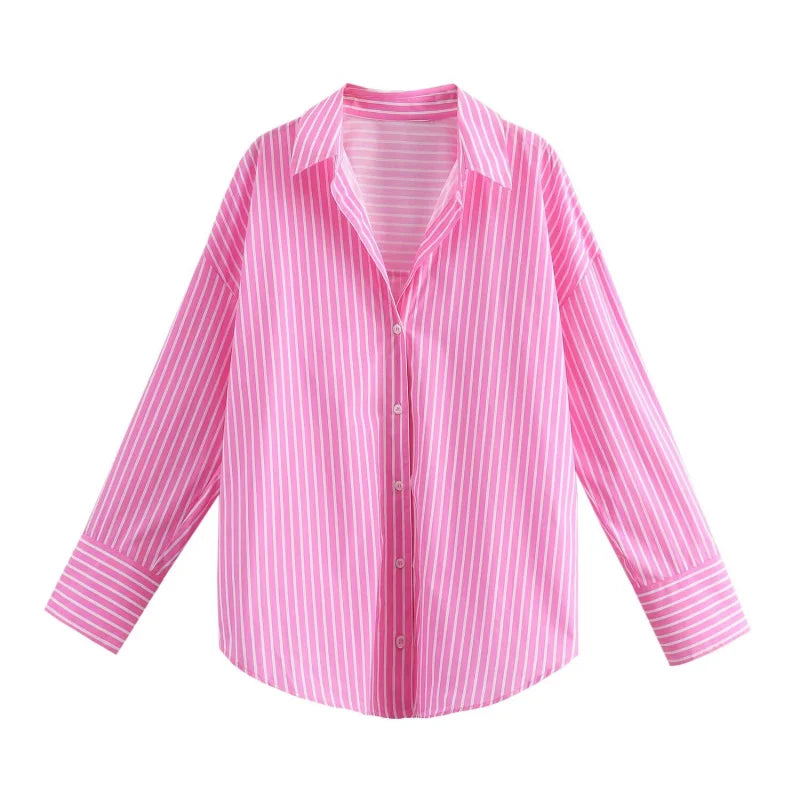 Women's Striped Poplin Button-Down Shirt – Loose Fit, Long Sleeve, Casual Lapel Top