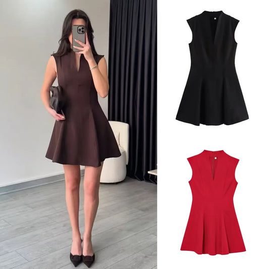 Women's Sleeveless V-Neck Mini Dress – Classic Black Crepe A-Line Party Dress