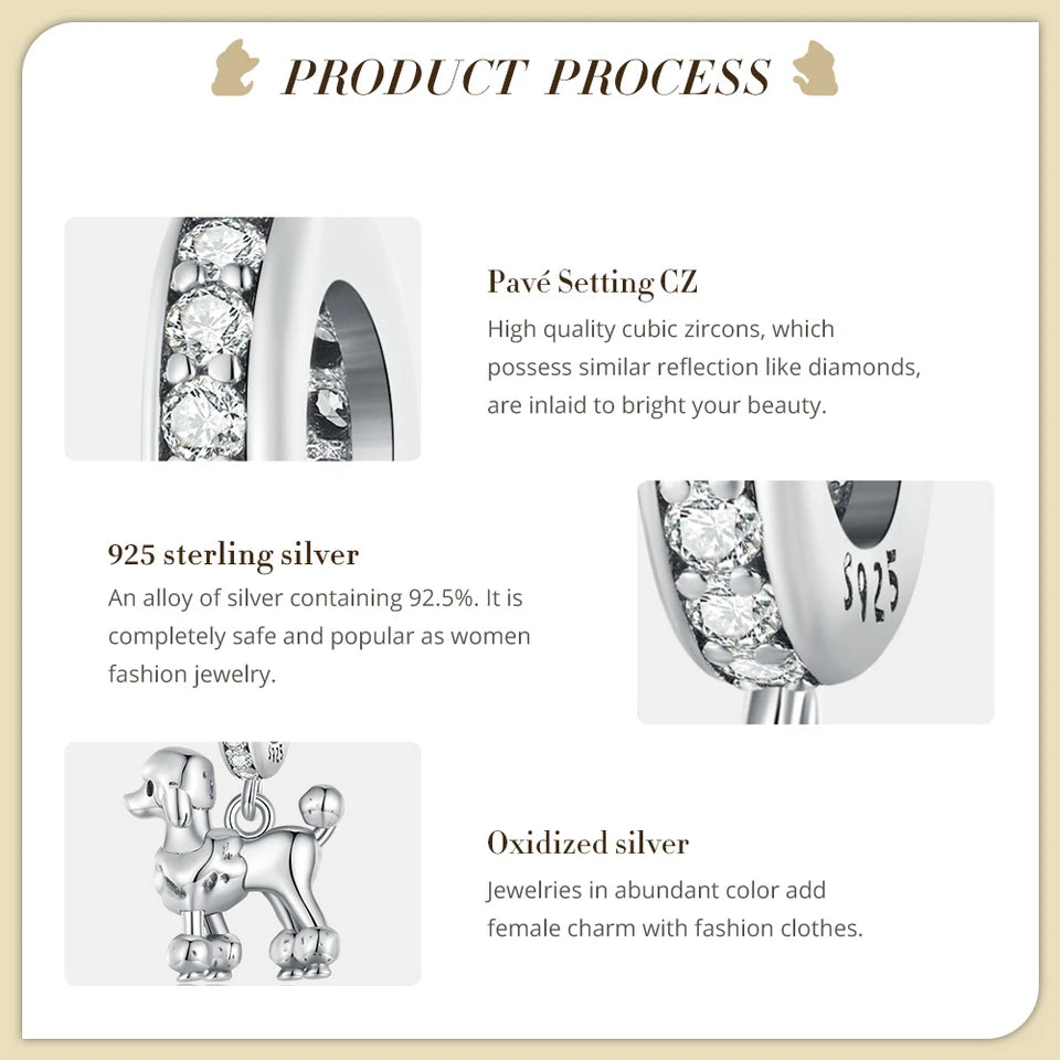 Sterling Silver Dog Charm Bead – Poodle & Dachshund Pendant for Charm Bracelets, DIY Jewelry for Women