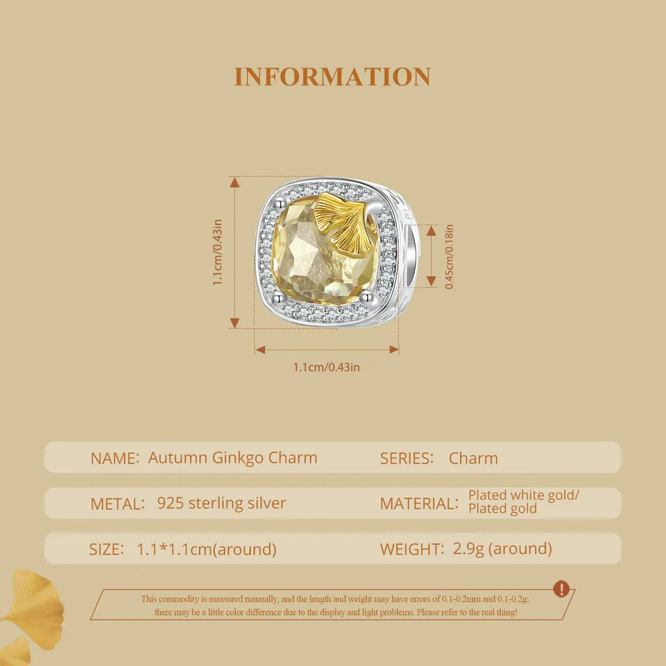 925 Sterling Silver Ginkgo Leaf and Butterfly Heart Charm – Autumn Collection Bead with Zircon for DIY Bracelets