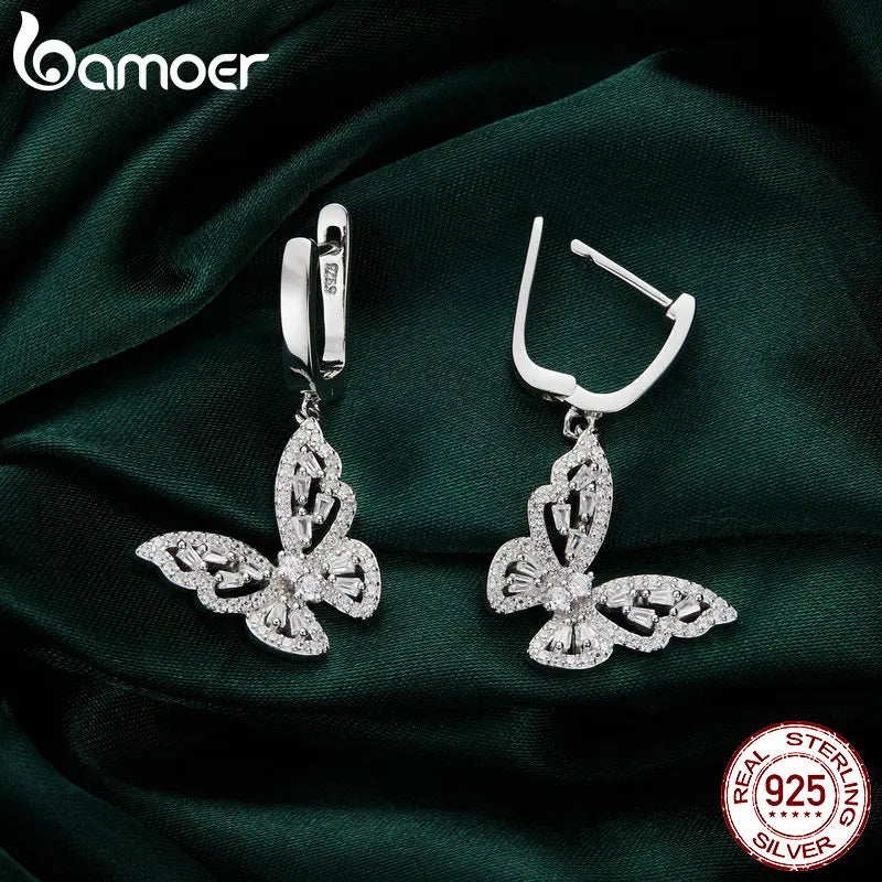 Sterling Silver CZ Butterfly Hoop Earrings – Elegant Dangle Charm Drop Earrings for Women and Girls