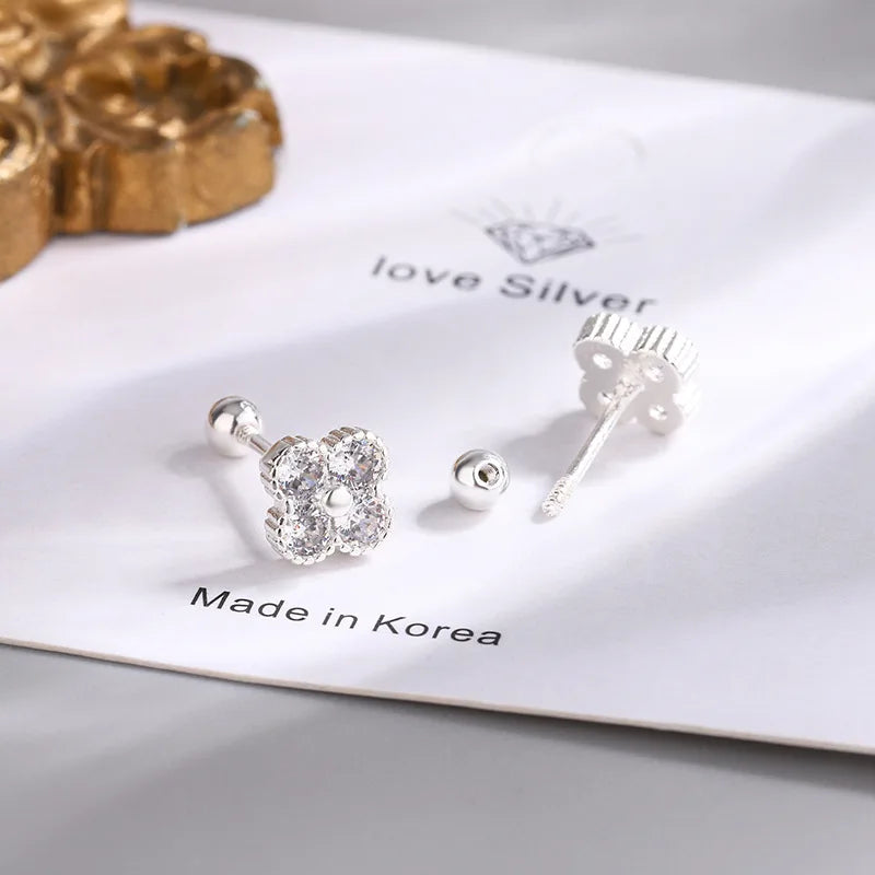 925 Sterling Silver Four-Round Zircon Stud Earrings for Women – Elegant Small Geometric Crystal Earrings for Party and Daily Wear