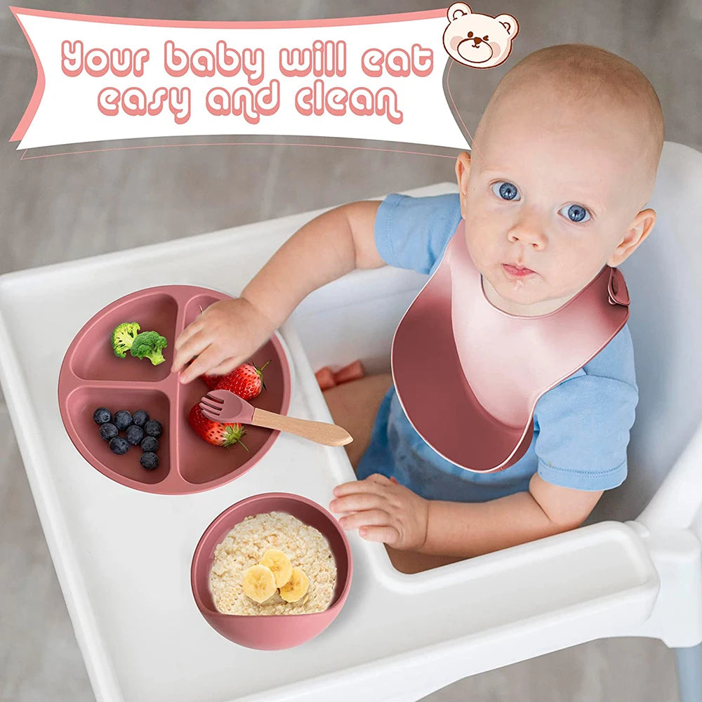 Children's Silicone Tableware Set – 6/8-Piece Baby Feeding Kit with Suction Bowl, Fork, Spoon, Bib, Straw & Cup
