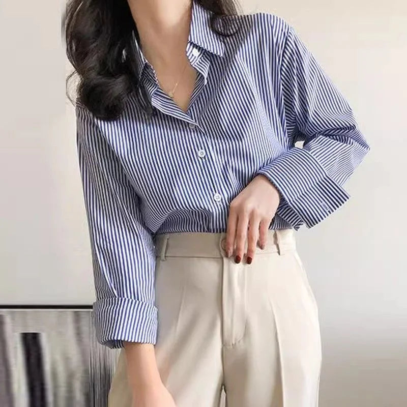 Classic Striped Lantern Sleeve Blouse – Stand Collar Loose Fit Shirt for Women