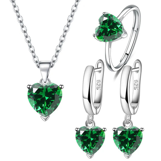 925 Sterling Silver Heart Zircon Jewelry Set – Necklace, Earrings & Ring for Women, Elegant Wedding & Engagement Accessory