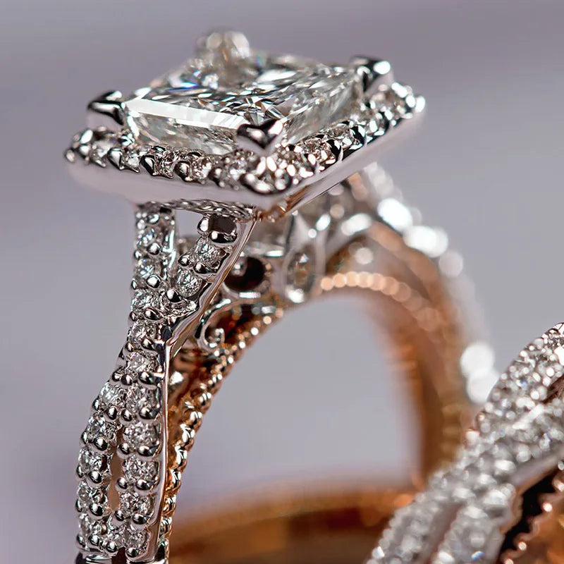 18K Rose Gold Princess Cut Real Diamond Ring – Elegant Bridal Jewelry Set for Women