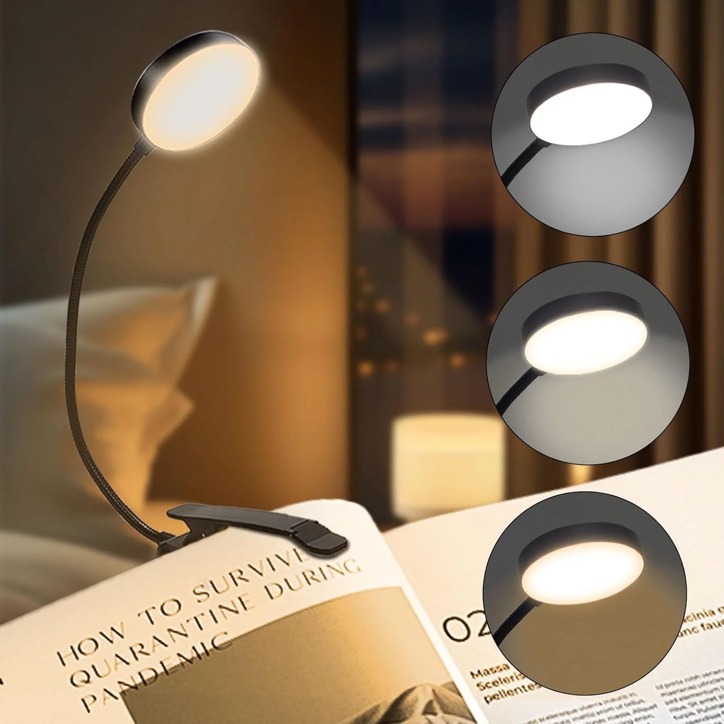 14-LED USB Rechargeable Book Light – Warm, Cool, Daylight Modes – Flexible Clip-On Reading Lamp for Bed, Travel, or Study