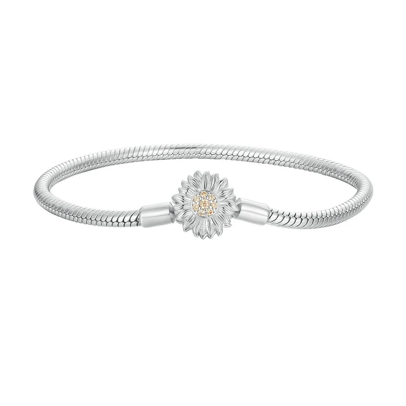 925 Sterling Silver Rose Buckle Snake Chain Bracelet with Zircon – DIY Charm Bracelet for Women
