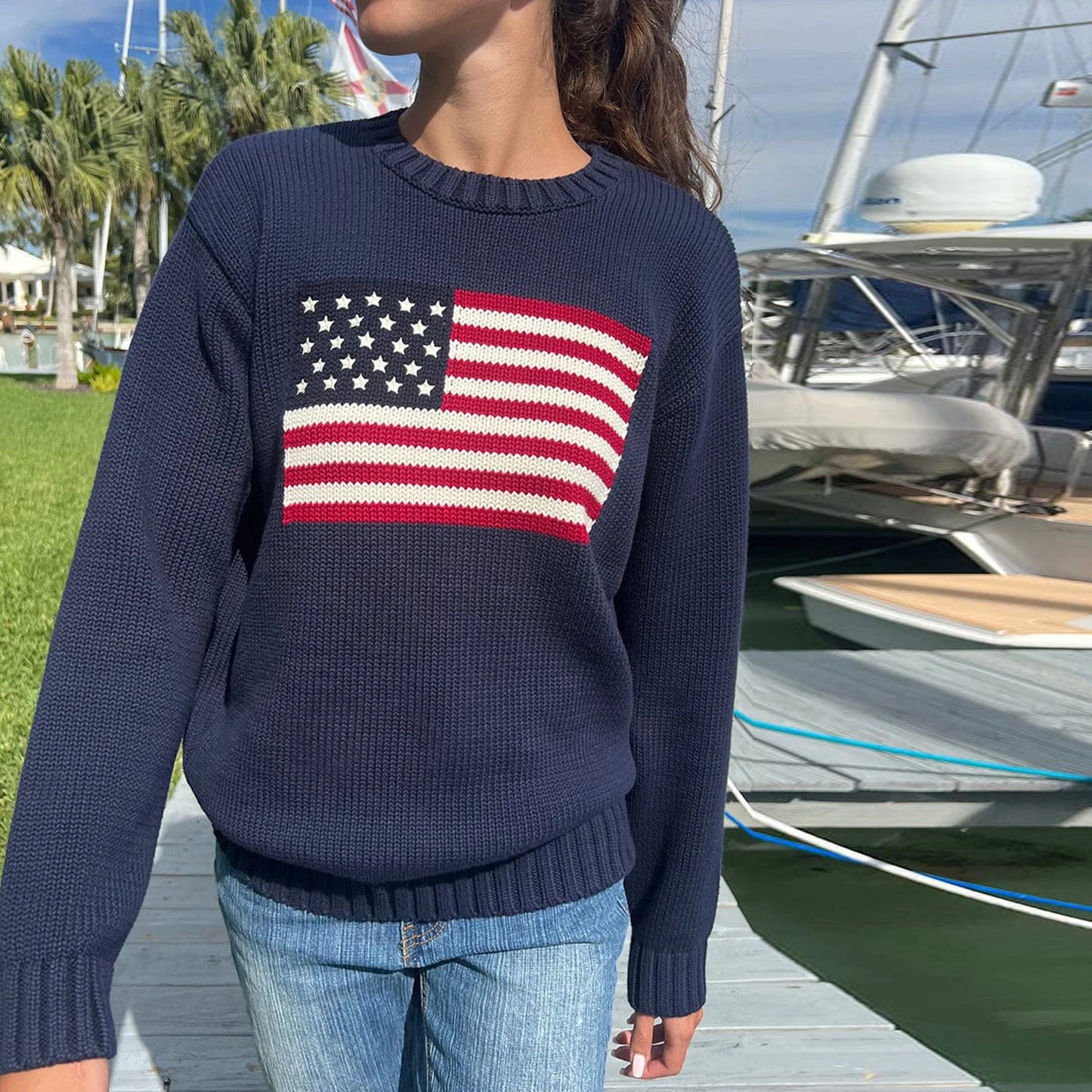 Women's American Flag Knit Sweater – Long Sleeve Crew Neck Loose Fit Pullover for Autumn Winter Casual High Street Style