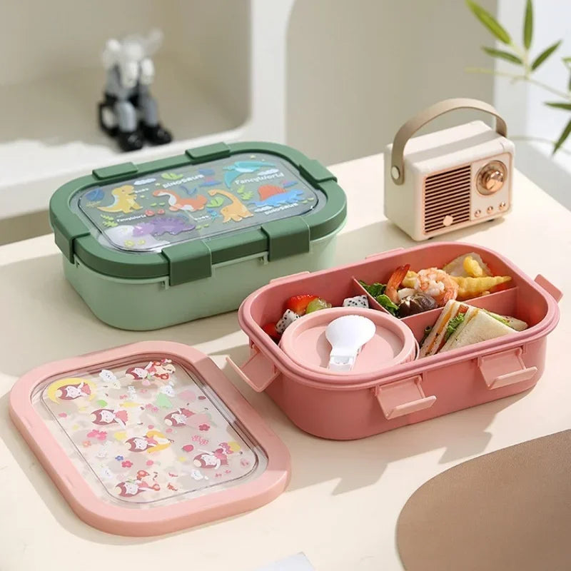 Cartoon Compartment Lunch Box for Kids – Leakproof Bento with Soup Bowl and Utensils, Microwave-Safe Meal Storage