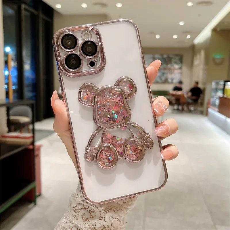Cartoon Bear Glitter Quicksand Case for iPhone 7/8 Plus/X/XS/XR/11/12/13/14/15/16 Series – Transparent TPU Cover with Plating and Camera Protection