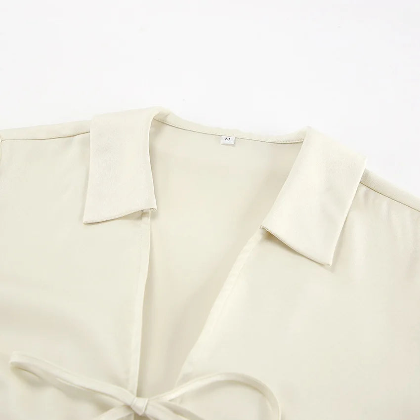 Solid Color Casual Chiffon Blouse – Long Sleeve Loose Fit Shirt with Bow Buttons for Women