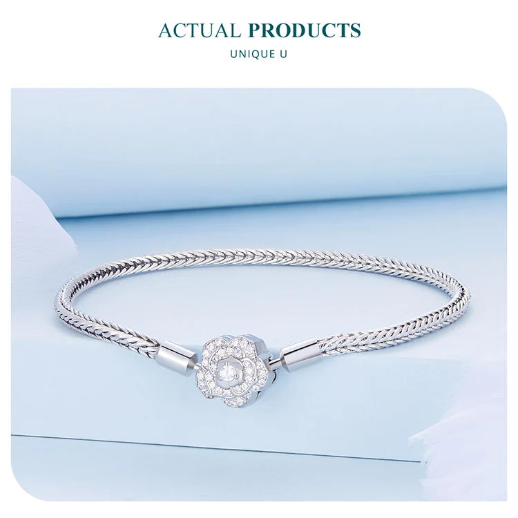 925 Sterling Silver Rose Buckle Snake Chain Bracelet with Zircon – DIY Charm Bracelet for Women