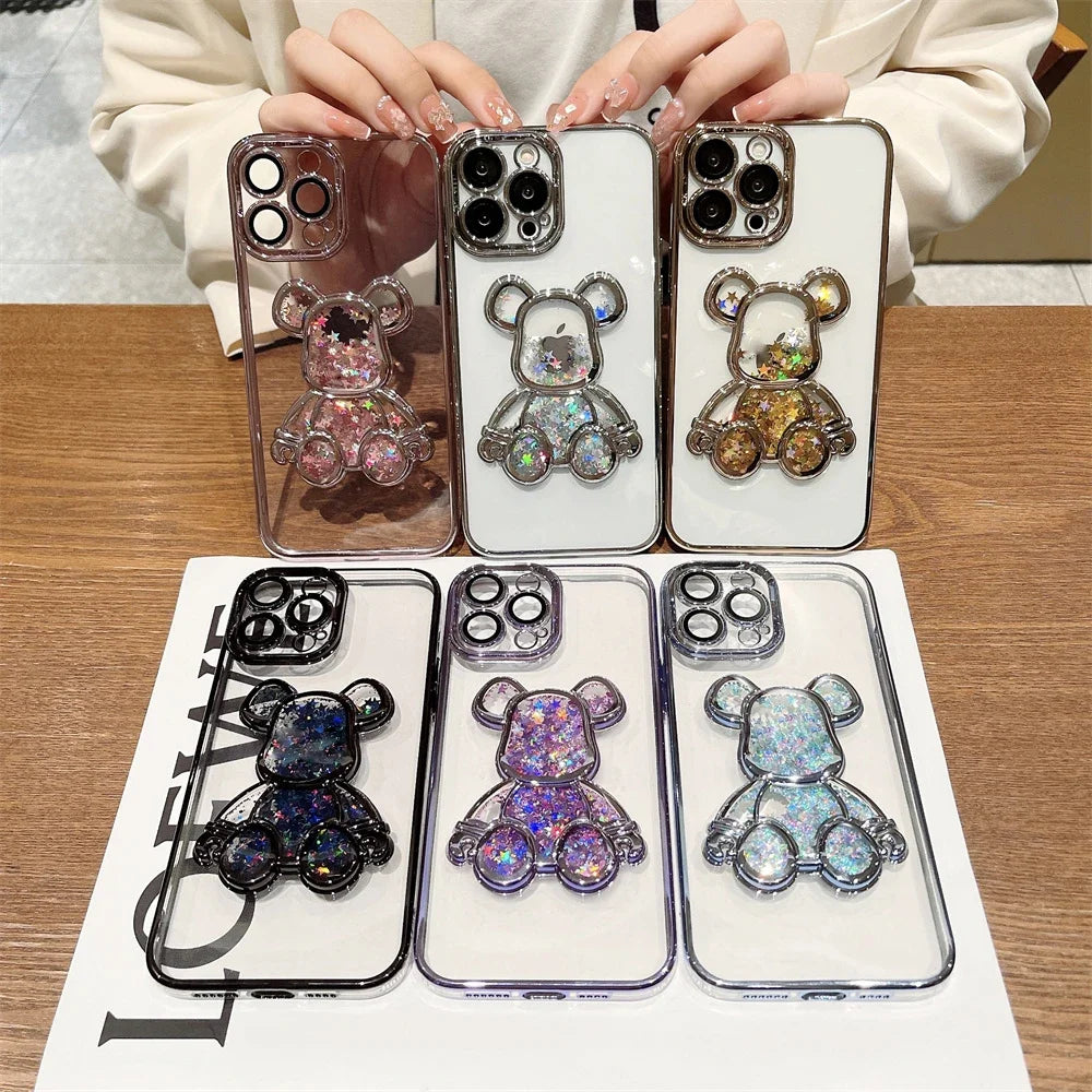 Cartoon Bear Glitter Quicksand Case for iPhone 7/8 Plus/X/XS/XR/11/12/13/14/15/16 Series – Transparent TPU Cover with Plating and Camera Protection