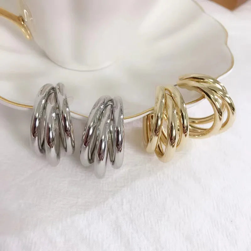 Triple-Layer Stainless Steel Hoop Earrings – Vintage C-Shape Geometric Drop Earrings for Women