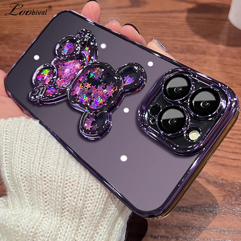 Cartoon Bear Glitter Quicksand Case for iPhone 7/8 Plus/X/XS/XR/11/12/13/14/15/16 Series – Transparent TPU Cover with Plating and Camera Protection