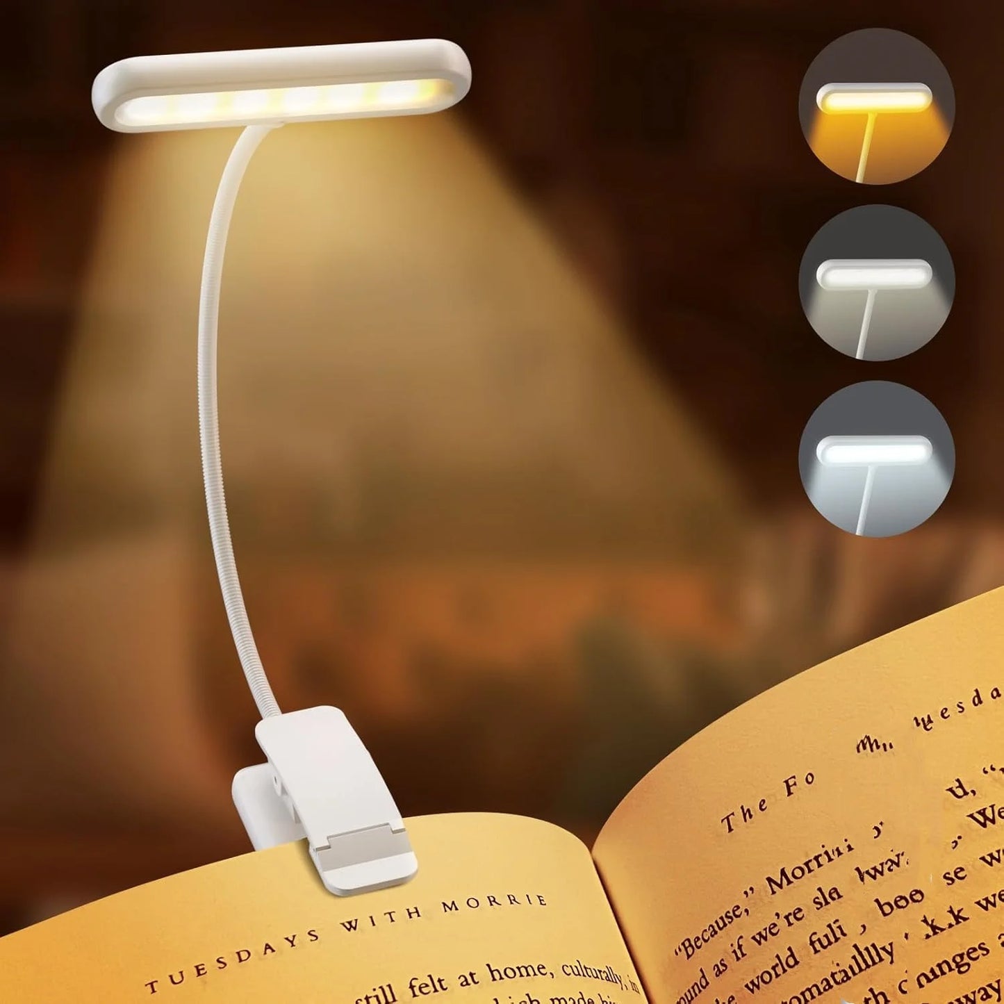 14-LED USB Rechargeable Book Light – Warm, Cool, Daylight Modes – Flexible Clip-On Reading Lamp for Bed, Travel, or Study