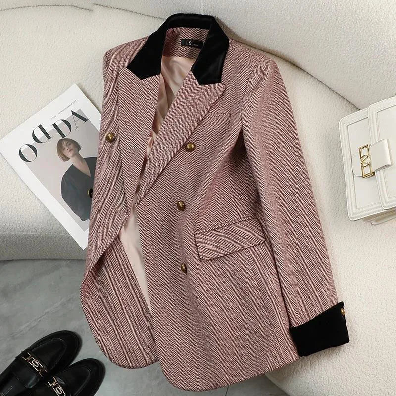 Women's Plus Size Thick Vintage Blazer – Notched Collar Double-Breasted Autumn Winter Jacket