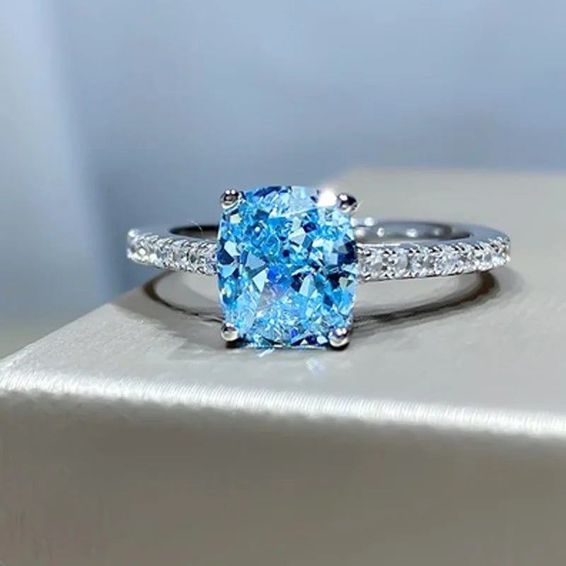 925 Sterling Silver Blue Square Zircon Cocktail Ring for Women – Trendy Geometric Statement Wedding Jewelry