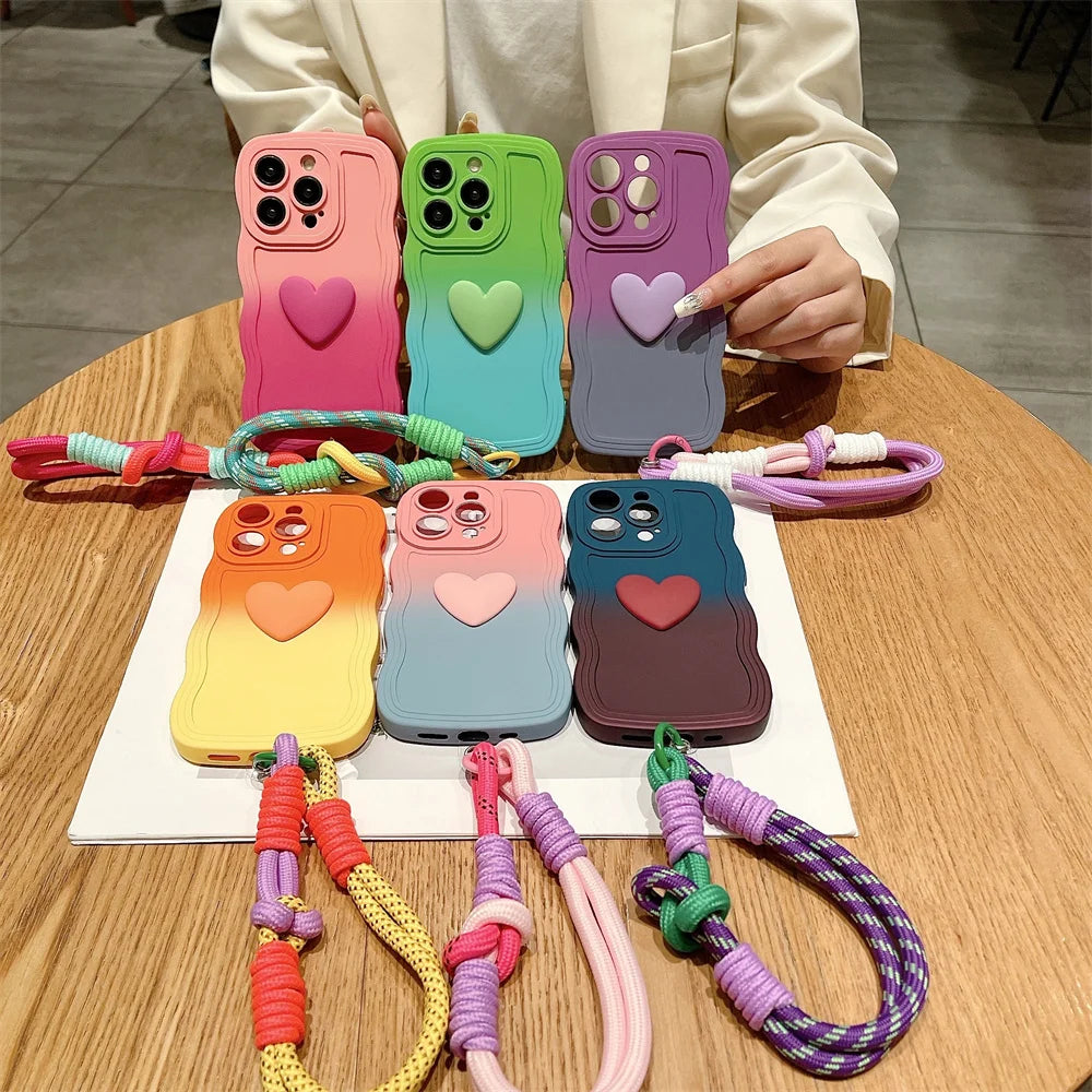 Cartoon Love Heart Gradient Case with Lanyard for iPhone 16/15/14/13/12/11/X/8/7 – Soft Wave Edge Wrist Strap Cover