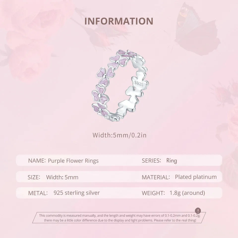 Sterling Silver Purple Flower Wreath Ring – Enamel Cocktail Ring for Women and Girls