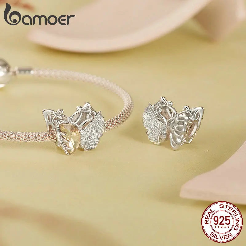 925 Sterling Silver Ginkgo Leaf and Butterfly Heart Charm – Autumn Collection Bead with Zircon for DIY Bracelets