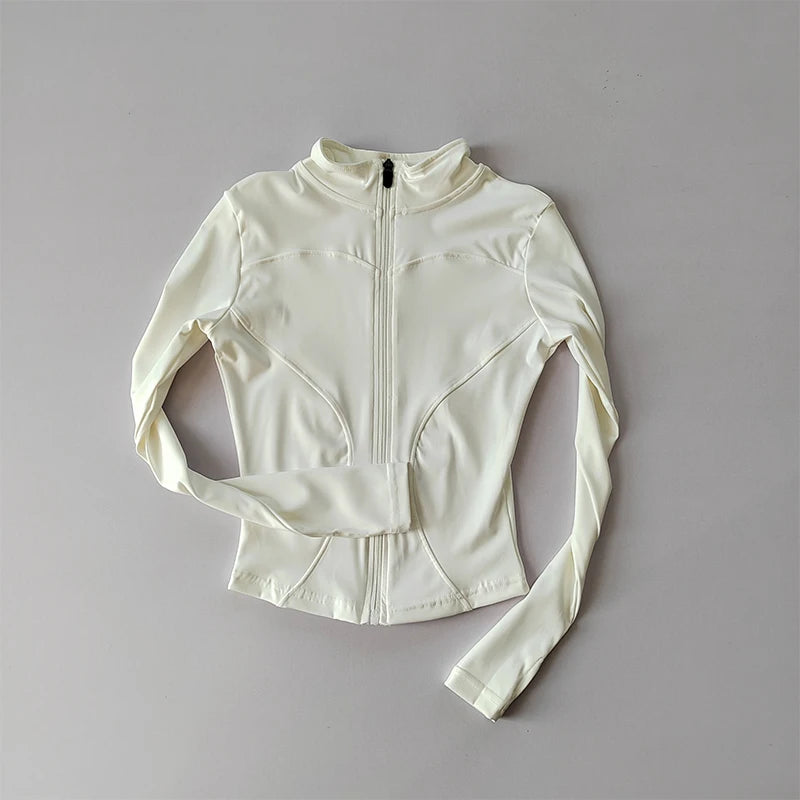Women's Quick-Dry Zip-Up Slim Fit Yoga Jacket – Long Sleeve Stand Collar Outdoor Fitness Top