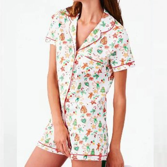 Women's Y2K Cute Animal Print Pajama Set – Short Sleeve Button-Up Shirt and Matching Shorts for Autumn Loungewear