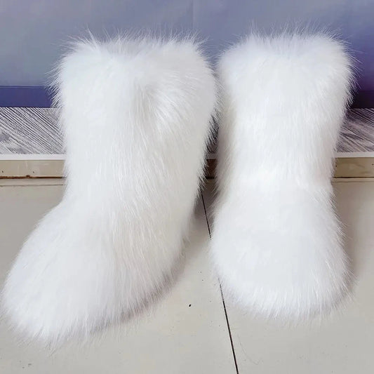 Women's Faux Fur Winter Snow Boots – Mid-Calf Plush Furry Slip-On Boots with Warm Lining and Rubber Sole