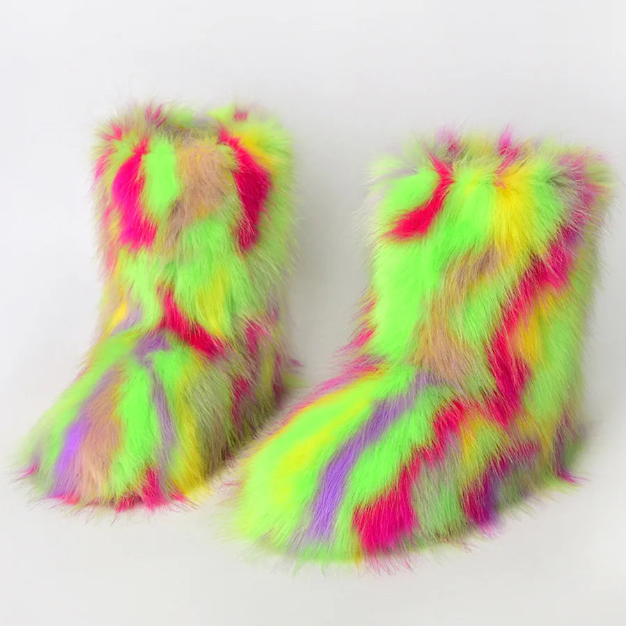 Women's Faux Fur Winter Snow Boots – Mid-Calf Plush Furry Slip-On Boots with Warm Lining and Rubber Sole