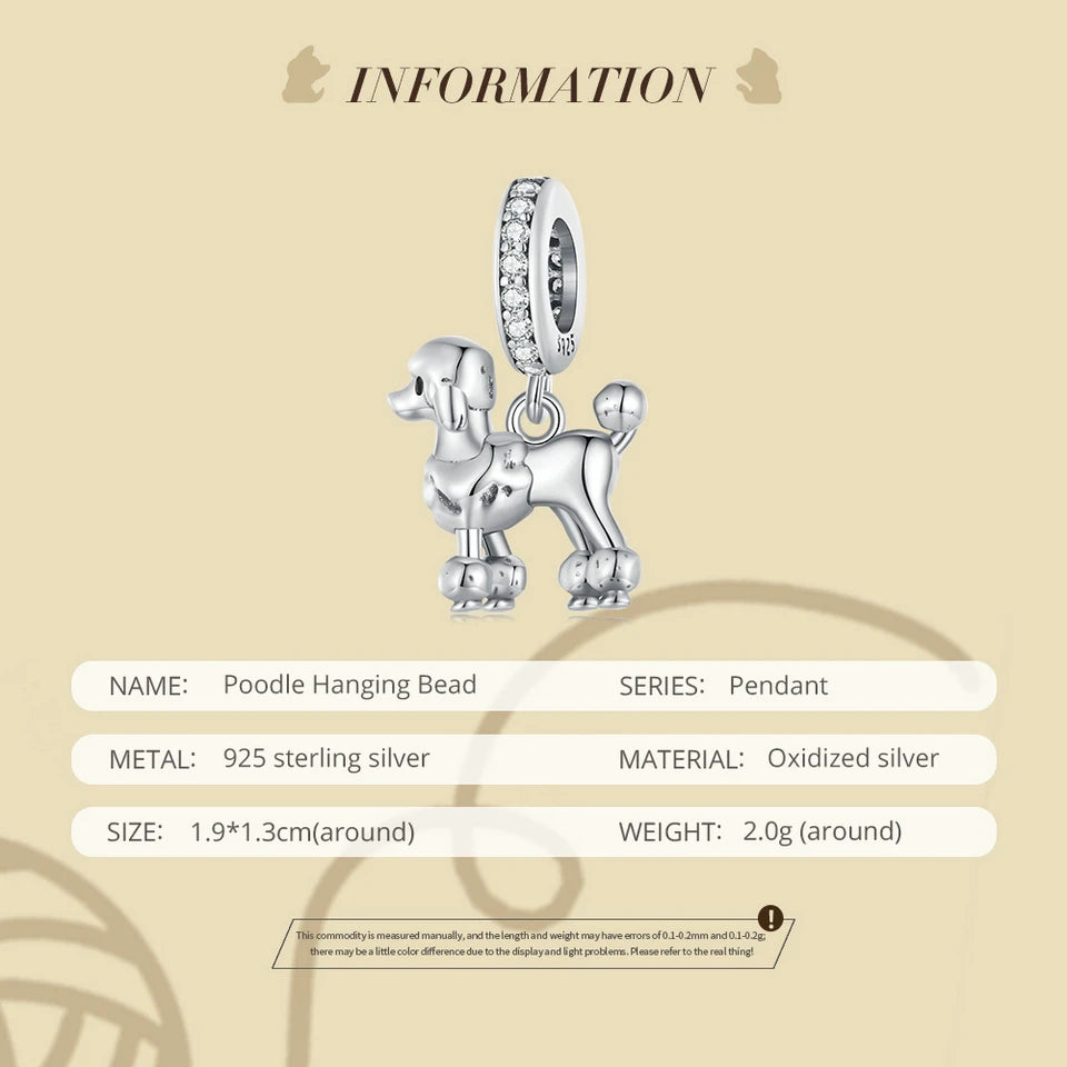 Sterling Silver Dog Charm Bead – Poodle & Dachshund Pendant for Charm Bracelets, DIY Jewelry for Women