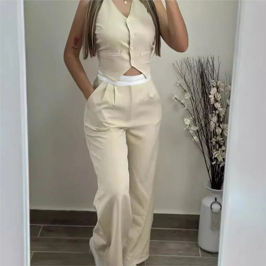 Women's Elegant Two-Piece Set – V-Neck Buttoned Sleeveless Vest & High-Waist Straight Pants with Pockets