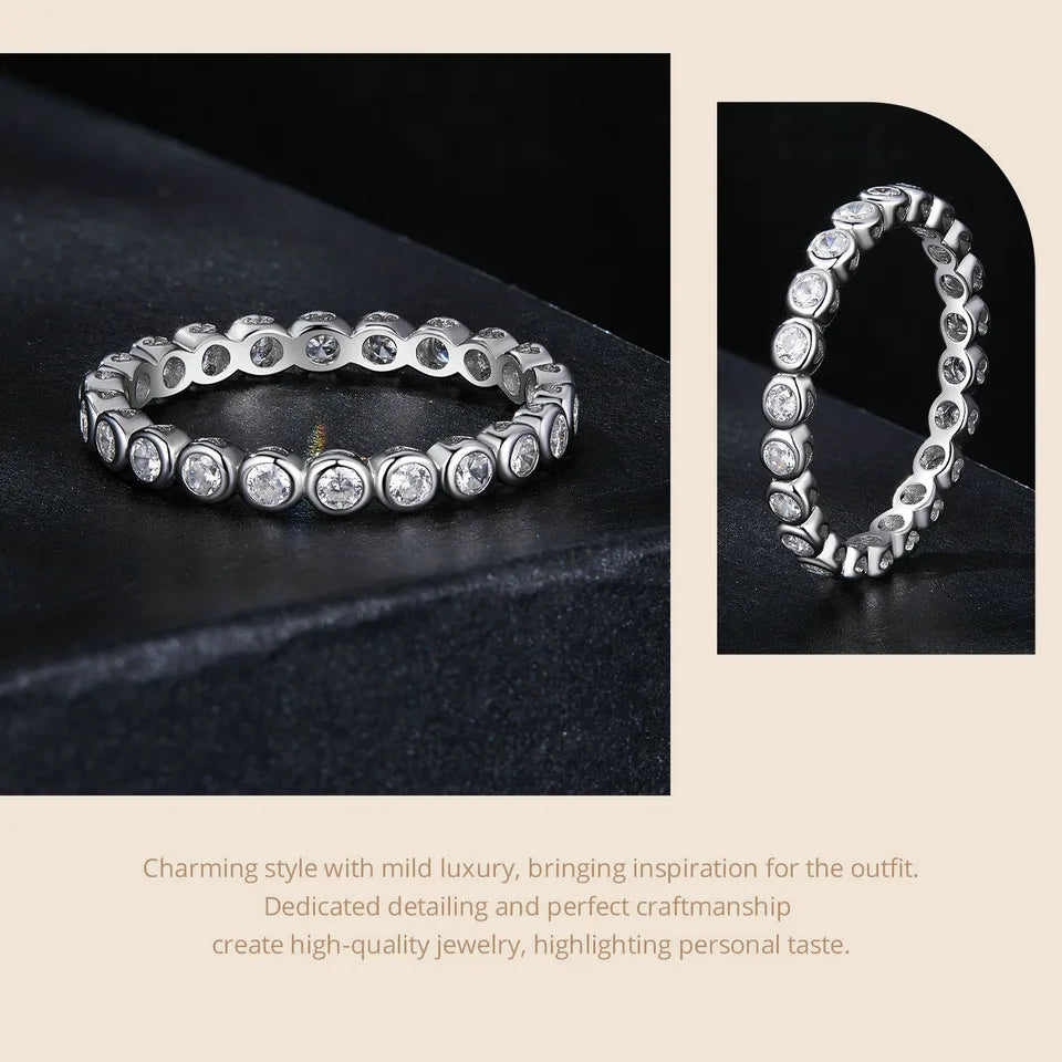 White Gold Plated Bubble Moissanite Ring – 925 Sterling Silver Bezel Set Full Eternity Band for Women