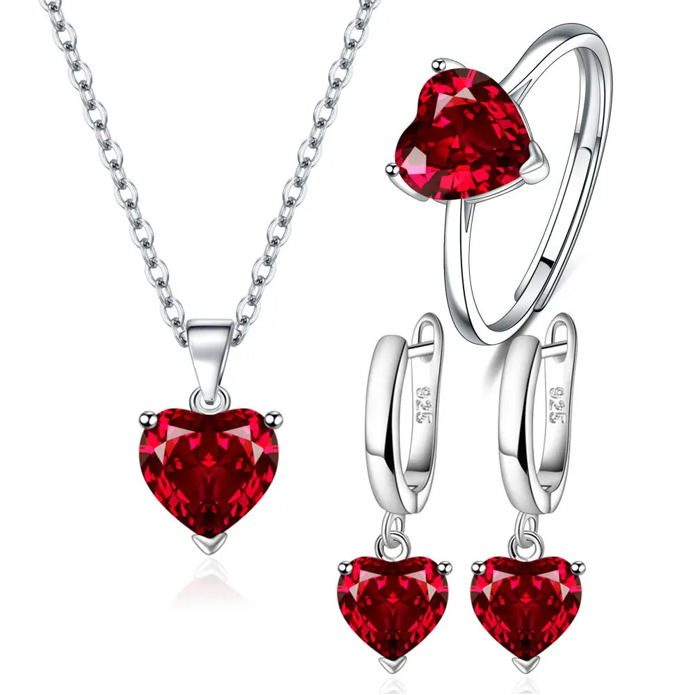 925 Sterling Silver Heart Zircon Jewelry Set – Necklace, Earrings & Ring for Women, Elegant Wedding & Engagement Accessory