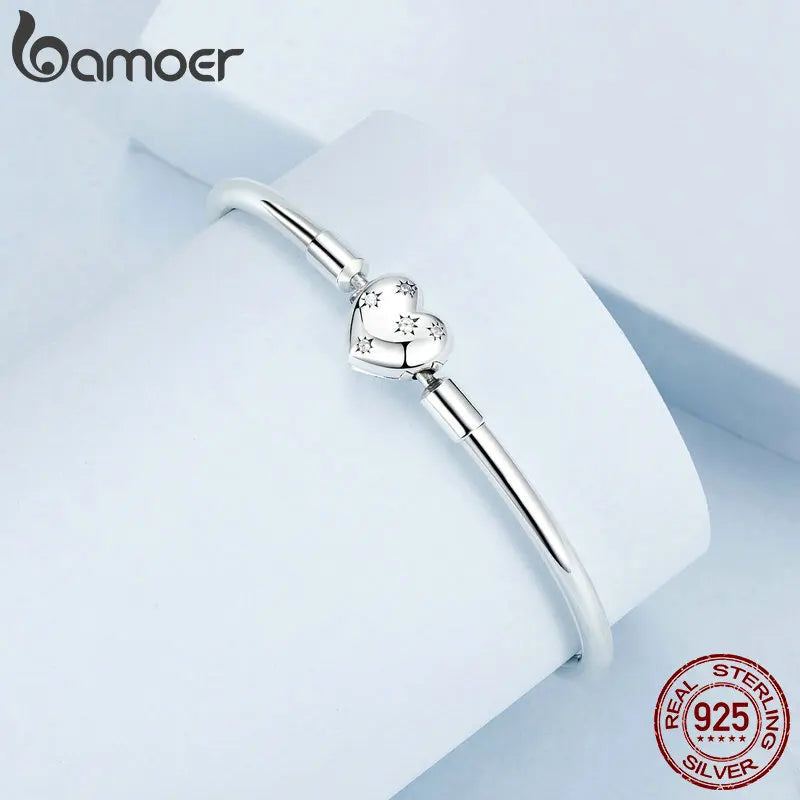 Sterling Silver Charm Bangle with Heart or Shell Design – Classic 925 Basic Bracelet for Women DIY Jewelry