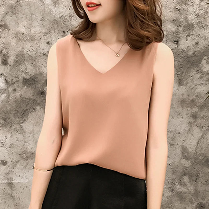 Chiffon V-Neck Sleeveless Blouse – Women's Loose Fit Summer Top in Solid Colors