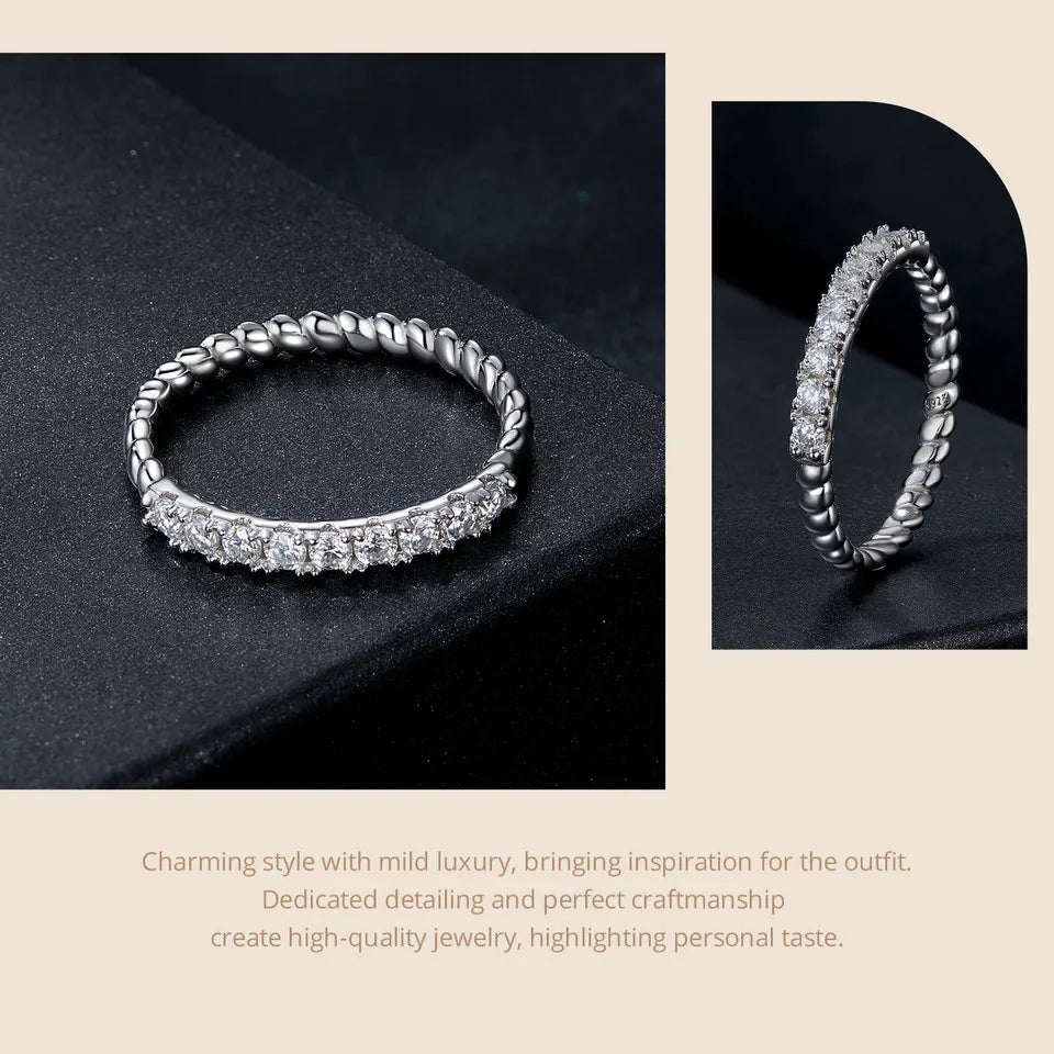 Textured Moissanite Half Eternity Band – 925 Sterling Silver Pave Ring with D Color VVS1 Stones for Women