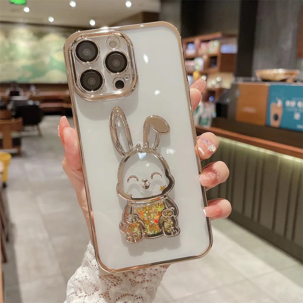 Cartoon Bear Glitter Quicksand Case for iPhone 7/8 Plus/X/XS/XR/11/12/13/14/15/16 Series – Transparent TPU Cover with Plating and Camera Protection