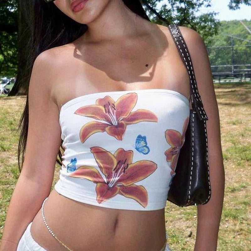 Women's Y2K Floral Bow Print Tube Top – Off Shoulder Wrap Chest Mini Vest for Summer Fairy Grunge Streetwear