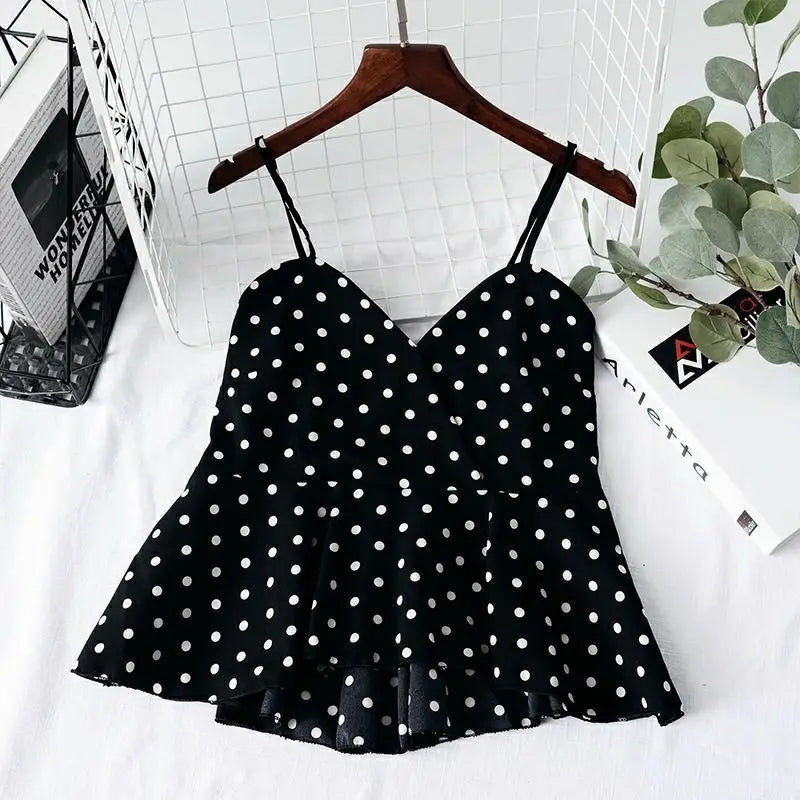 Women's Red Polka Dot Sleeveless Chiffon Blouse – V-Neck Short Pullover Top for Spring/Summer