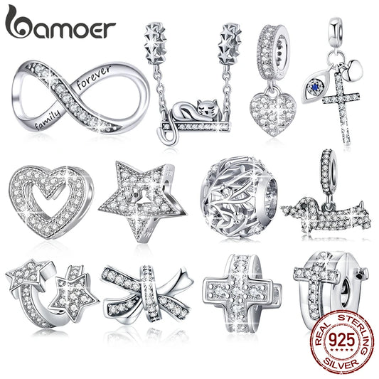 925 Sterling Silver Family Heart Cross Charm – Clear 5A Crystal Bead for Bracelets & Necklaces