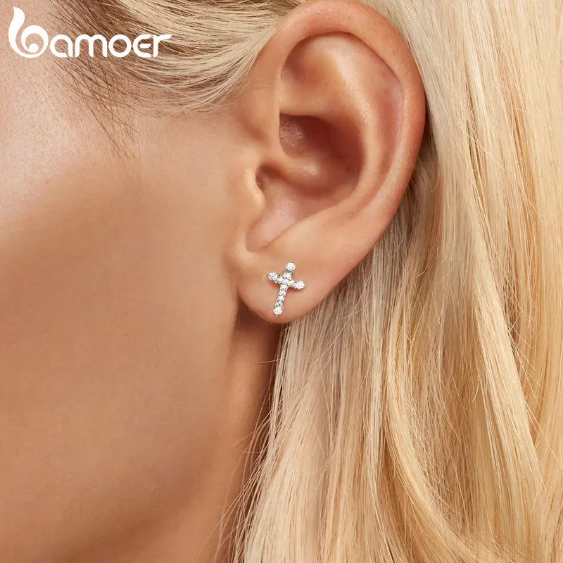 925 Sterling Silver Platinum-Plated Cross Stud Earrings – Hypoallergenic CZ Faith Jewelry for Women