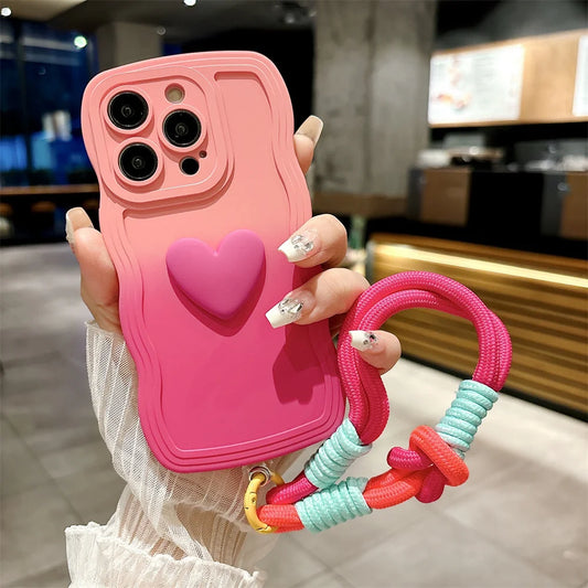 Cartoon Love Heart Gradient Case with Lanyard for iPhone 16/15/14/13/12/11/X/8/7 – Soft Wave Edge Wrist Strap Cover