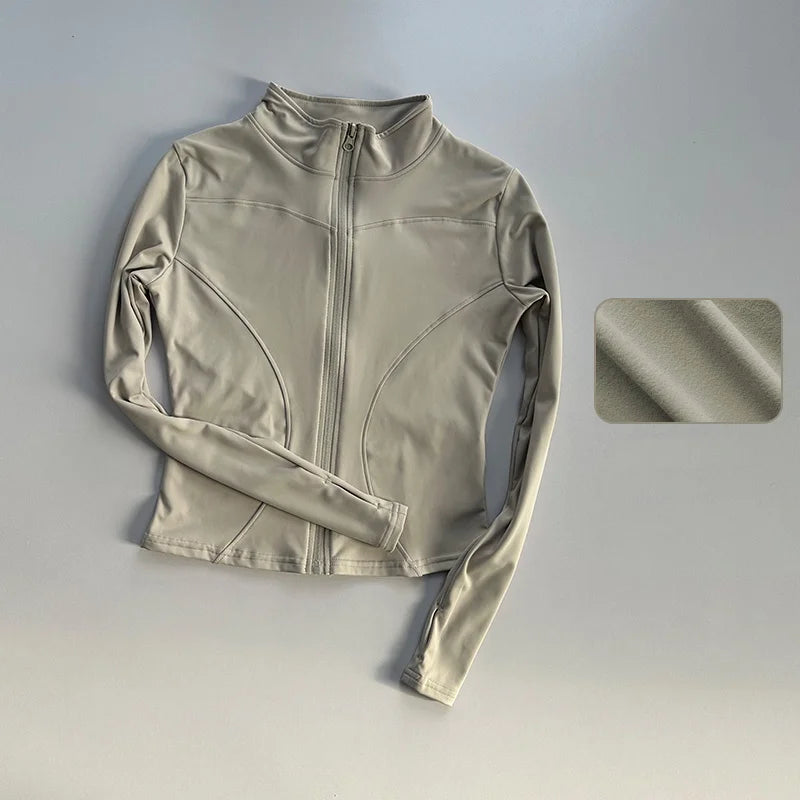 Women's Quick-Dry Zip-Up Slim Fit Yoga Jacket – Long Sleeve Stand Collar Outdoor Fitness Top