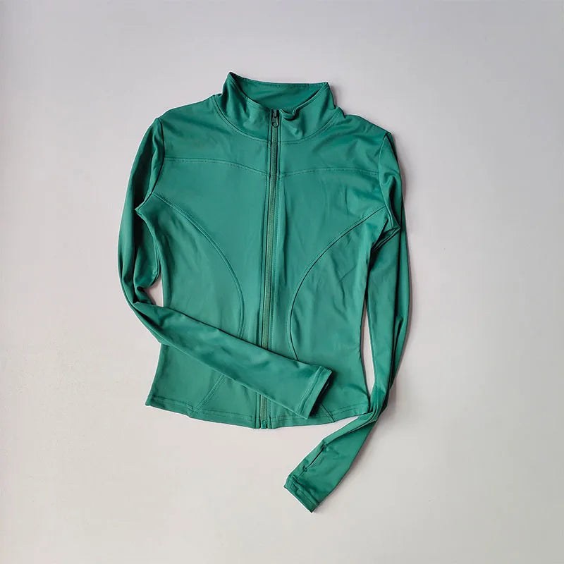 Women's Quick-Dry Zip-Up Slim Fit Yoga Jacket – Long Sleeve Stand Collar Outdoor Fitness Top