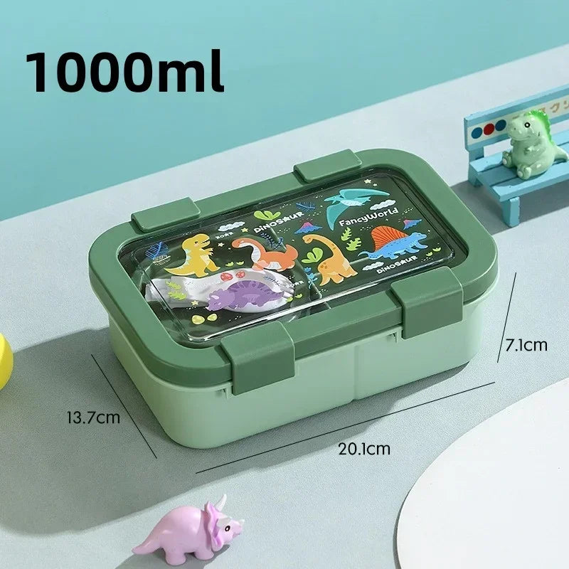 Cartoon Compartment Lunch Box for Kids – Leakproof Bento with Soup Bowl and Utensils, Microwave-Safe Meal Storage